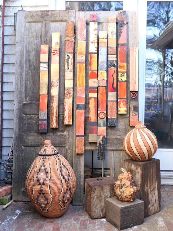 5 Extra Tall Vertical Hand Painted Textured Wood Sticks & Metal