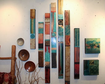 Southwest Desert Coral Turquoise Sunset Sky Spiritual Wood Metal Salvage Distressed Recycled Hand Painted Soul Totems Dynamic Wall Decor