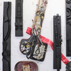 Vintage Wood Scissors Trade Sign Found Object Collage Art. &quot;Cutoff LOVE &quot; Mixed Media Metal Wall Art Assemblage Sculpture Industrial Relief