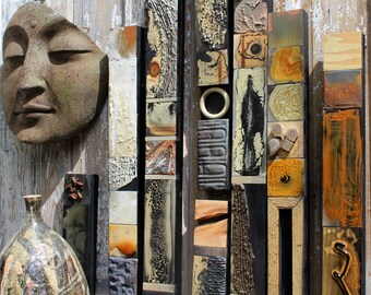 Tribal Natural Organic Ceramic Glazed Talisman Wood Ceiling Tin Tile Soul Totems Woodland Buddha Zen Indoor Outdoor Reclaimed Wall Sculpture