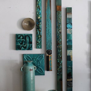 1 Ocean Beach BlueGreen TURQUOISE Sea Water Totem Pole Panel Stick Collage Seaglass Recycled Metal Abstract Modern Boho Wall Decor Sculpture