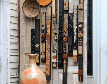 Large Big Wall Abstract Wood Metal Mid Century Modern Totems Textural Tribal Assemblages Rustic Natural Art Collage Reliefs Found Objects