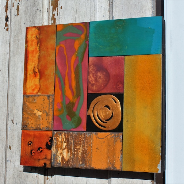 Rhythmic Organic Wood Art Blocks Color Magic Glazed 12 inch Collage Lori Daniels Poetic Boho Beach Mod Retro Tapestry Upcycled Reclaimed