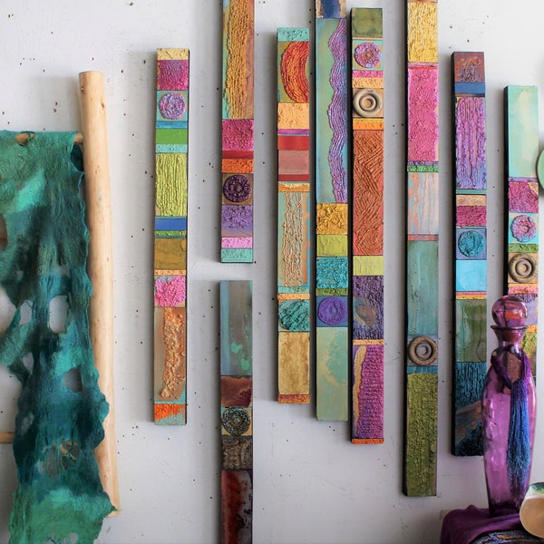 Spring Decor 1 Pastel Wood 1 Totem 3"x 21 to 72 ins Mixed Media Found Object Collages Set Big Wall Assemblages Installations Impressionism