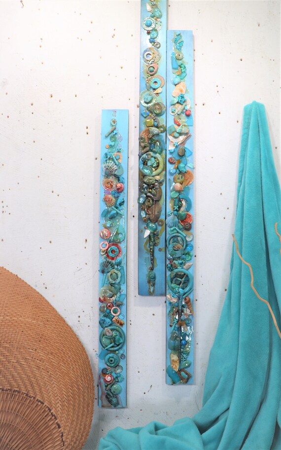 SALE 3 Tall Found Object Decor Sea Song Turquoise Coastal
