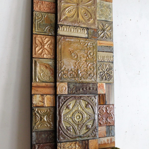 Copper Creek Collage Ceramic Glazed Vintage Modern Rustic Metal Tin Tile Relief Mixed Media Large Over Sized Wall Installation Assemblage