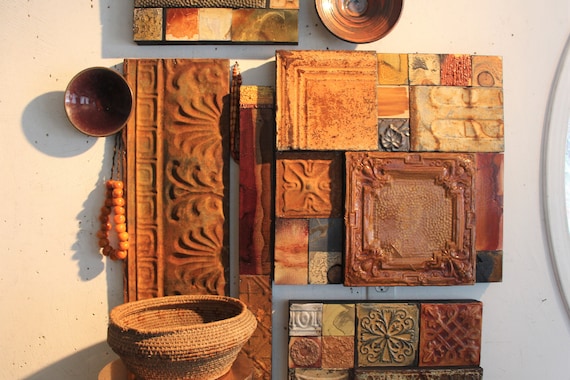 Arts Crafts Wood Metal Fl Wright Prairie Homes Aged Rust Antique Patina Ceiling Tin Tiles 21in Sq Mixed Media Collages High Bas Relief