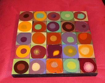 Big Abstract Colorful Dots Wood 1950-1960 Hand Painted Glazed Framed Mid Century Modern Mixed Media Collage Colorful Warhol Pop Art Organic