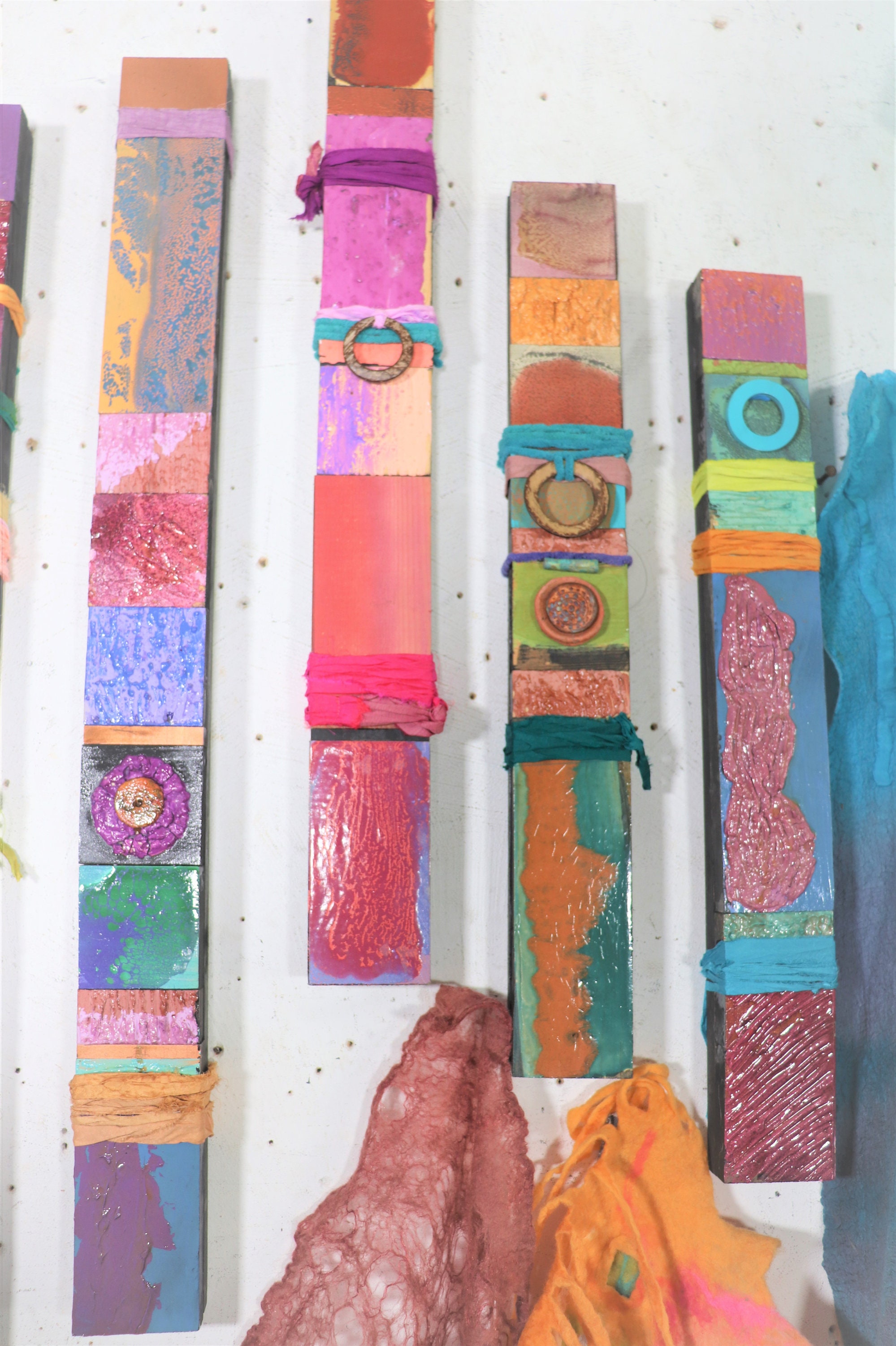 Collage Using Ribbon 5 Abstract Mixed Media Rainbow Colored COLLAGES Recycled Sari Ribbon ...