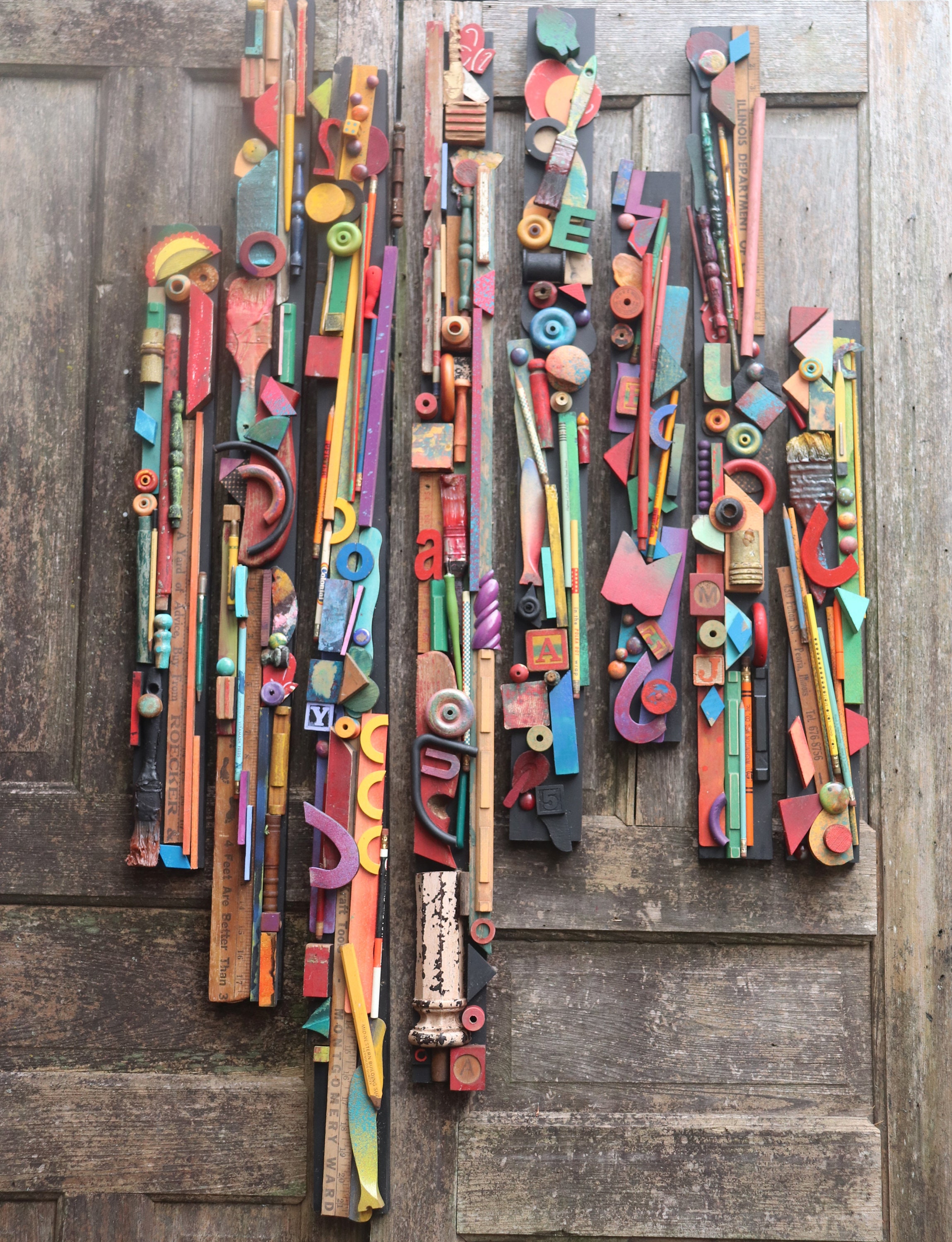 3 Fine Gallery Wood Metal Art Mixed Media Vertical Stick Relief