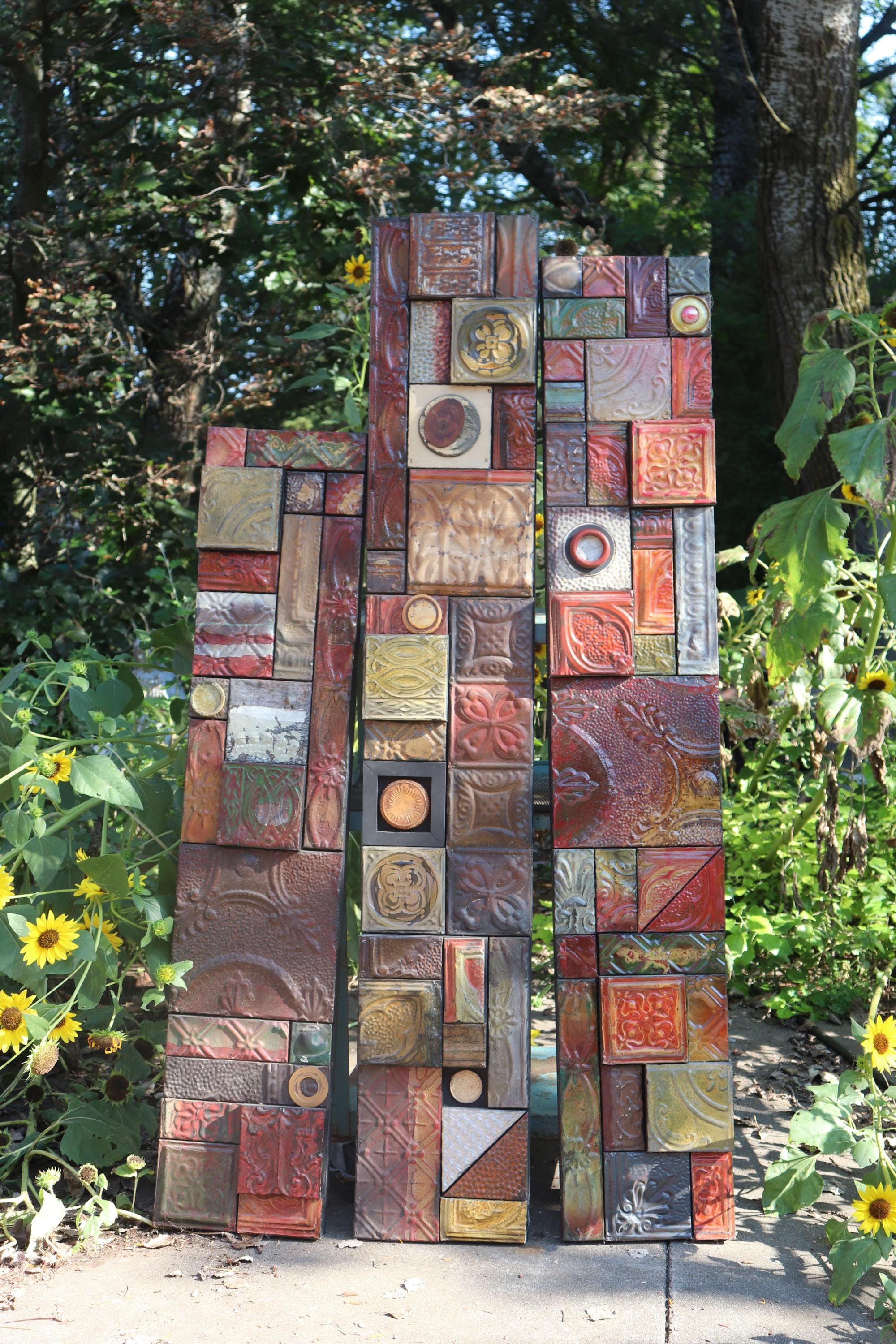 BIG SALE Mid-century Modern Mixed Media Totems Rustic Metal Wall ...