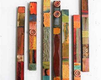 Handmade &quot;Fall Forward&quot; Set Boho Tribal Soul Totems Autumn Decor Ceiling Tin Tile Large Metal Wood Wall Relief Sculpture Patio Garden Hearth