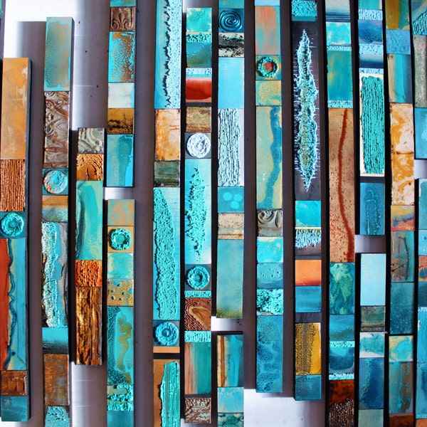 Color Lovers Turquoise Blue Native Modern Rustic Textured Wood Sculpture Large Metal Relief Collages Southwest Tribal Skystone Ethnic Totems