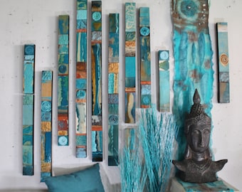 9 Lg. Abstract Sea Blue Bohemian Turquoise Tribal Wood Metal Totem Wall Set Vertical Narrow Collages Bas Relief Sculptures Ocean Teal, Rust