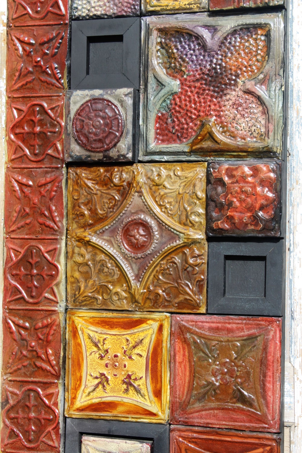 Mixed Media Ceiling Tin Ceiling Tiles Glazed 2D Relief Collage 24x60" 135 yr old Southwestern Art Latin Mexican Spanish KITCHEN Wall Décor