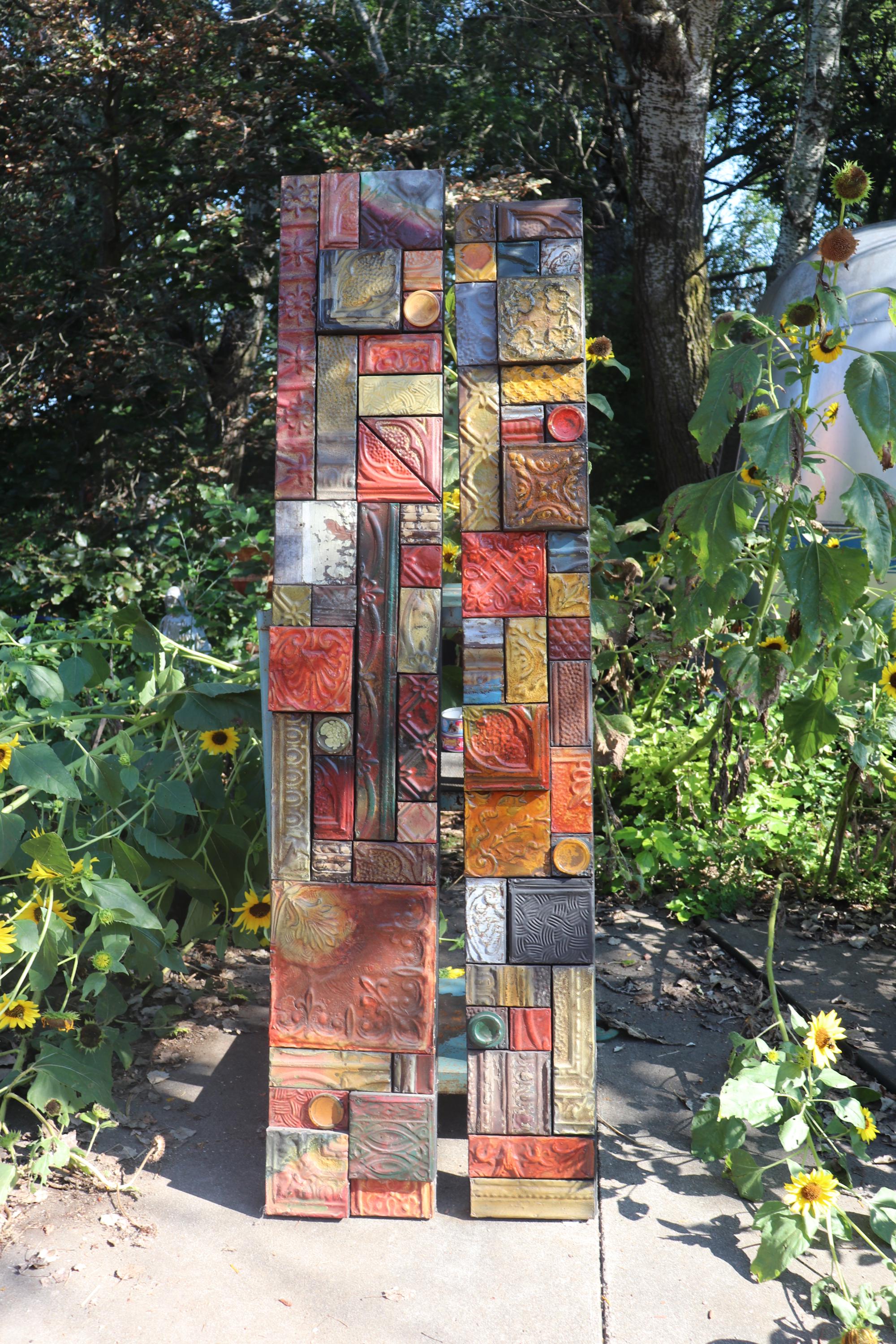 BIG SALE Mid-century Modern Mixed Media Totems Rustic Metal Wall ...
