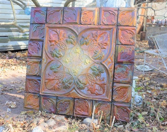 Najlepiej sprzedająca się rzadka blacha sufitowa z motywem winorośli, Trent Tile, 135 lat, antyczna, szkliwiona, architektoniczna, 36 cali, prezent świąteczny dla miłośnika wina na 10. rocznicę