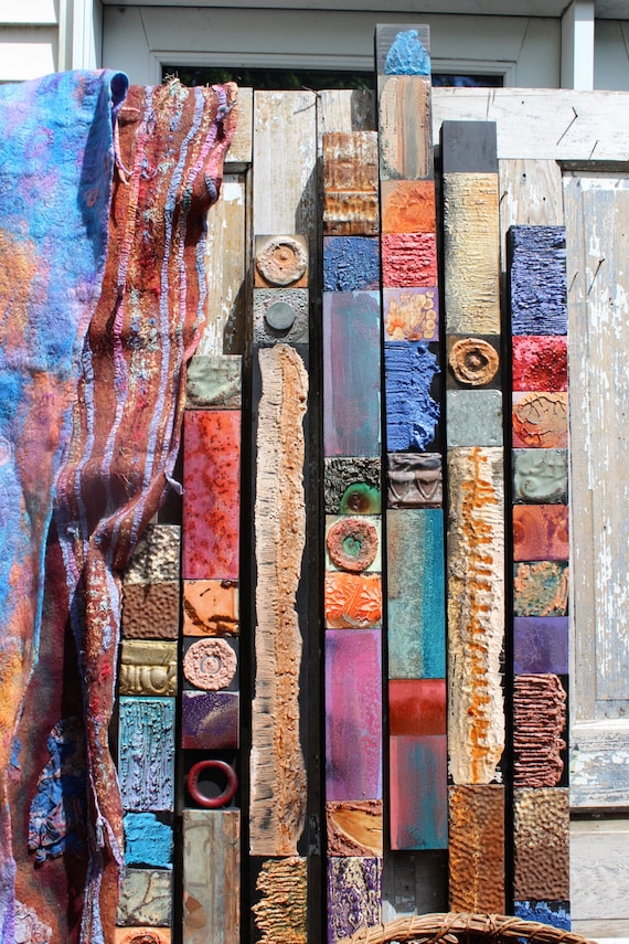 Huge Tall Abstract Impressionism Mixed Media Sticks Panels Poles