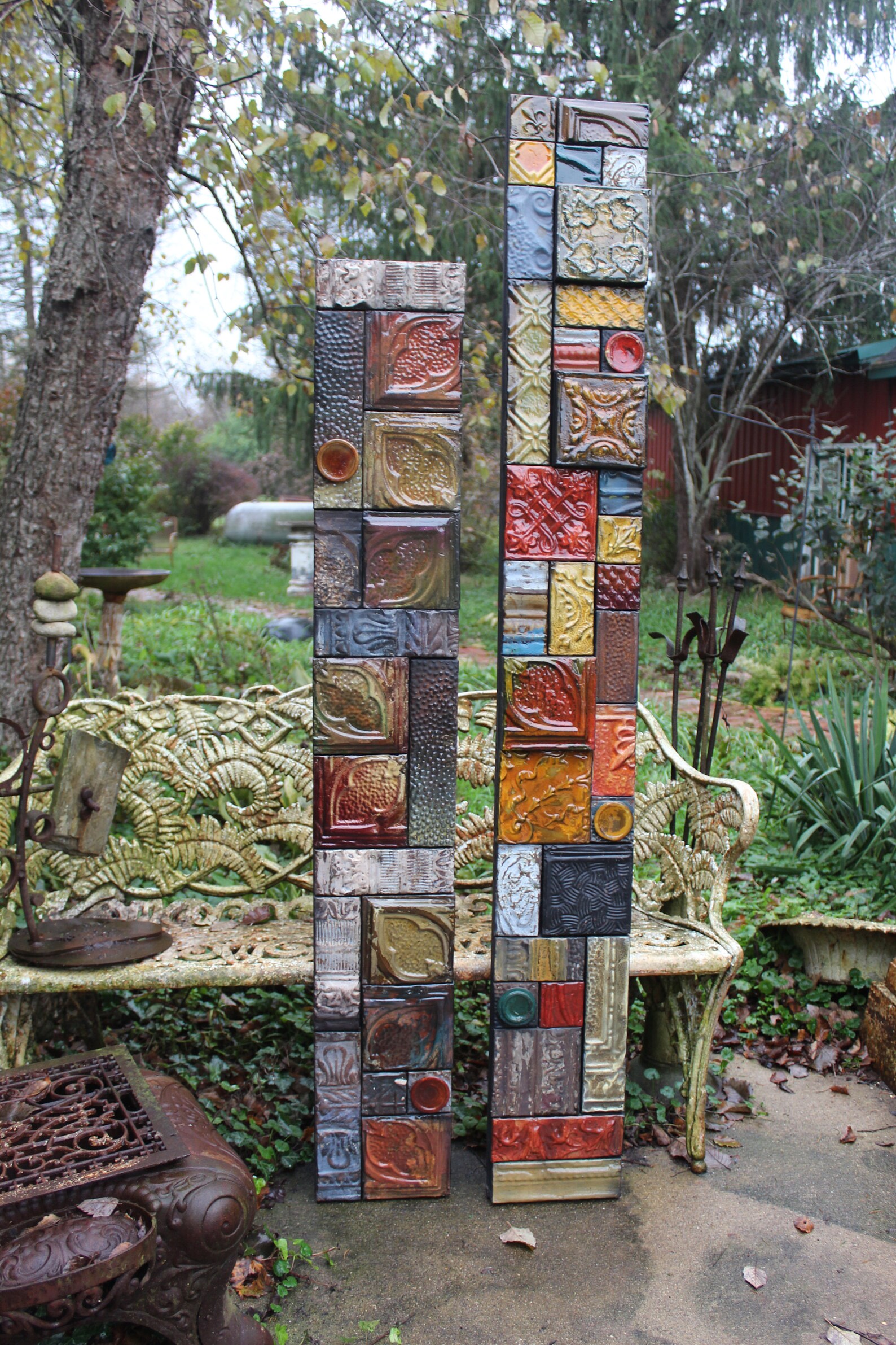 BIG SALE Mid-century Modern Mixed Media Totems Rustic Metal Wall ...