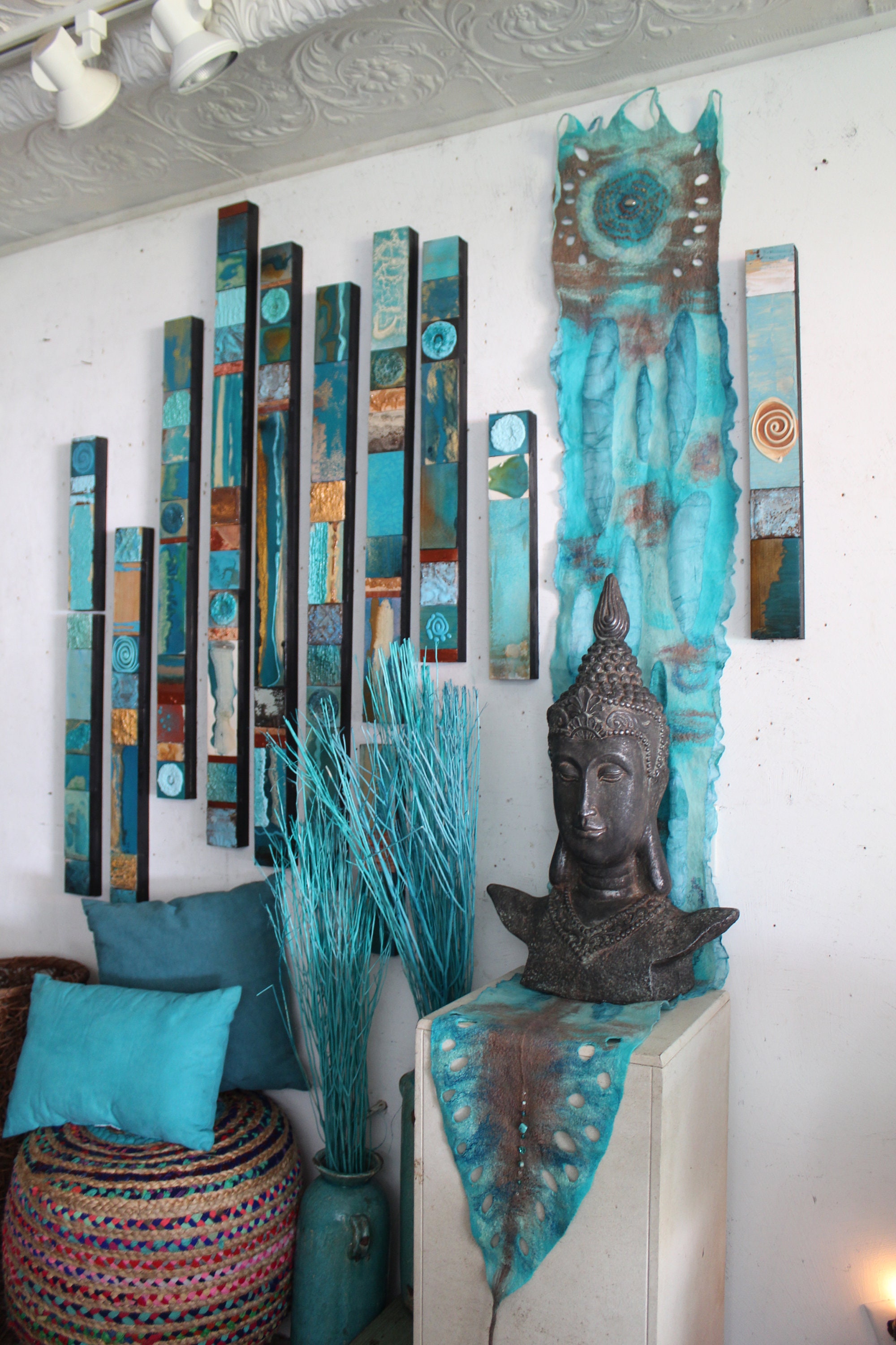 9 Lg. Abstract Sea Blue Bohemian Turquoise Tribal Wood Metal Totem