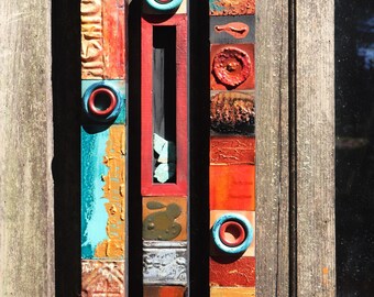 Old West HANDPAINTED TEXTURED WOOD Sculpture Art 3 Totem Panels Story Sticks Wall Decor Reliefs Antique Found Object Collage Real Turquoise