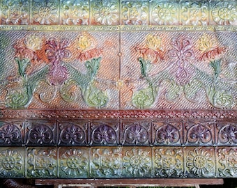 VERKOOP Fine Art 1890 zeldzame antieke Art Nouveau Majolica plafond tinnen paneel dubbele keramische tegels 36x60" Wall Relief Sculpture 2D Victoriaanse bloemen