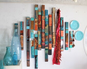 Mixed Media Collage Turquoise 1 pi. Chic Boho Modern Rustic Tribal Hand Painted Wood Metal Vertical Art Object Home Décor Western Grouping.