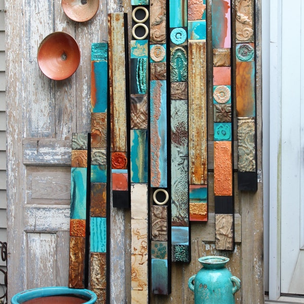 海と空の詩 手描き彫刻トーテム 3インチ - 24インチ x 72インチ トロピカル 南西島アート ファウンドオブジェクト ファインメタル ウッド ブリキ コラージュ