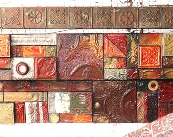 Fall Ceramic vintage 1800 Ceiling Tin Metal Wood Block Tile Collages QUALITY ExLarge Home Wall Décor HandPainted Rustic Sculpture Reliefs