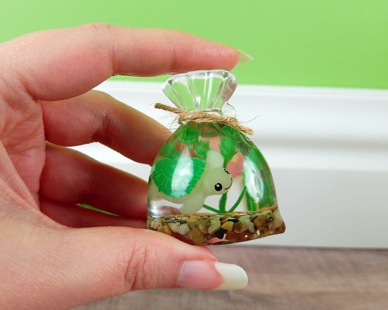 Tiny Handmade Resin Bagged Turtle Figurine Kawaii Paperweight Cute Desk Decor Cute Office Decor Friendship Gift Ocean Lover image 3