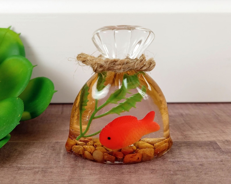 Tiny Handmade Resin Bagged Goldfish Figurine Kawaii Paperweight Cute Desk Decor Cute Office Decor Friendship Gift Ocean Lover image 1
