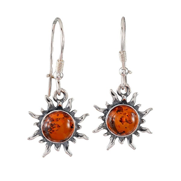 Baltic Honey Amber Earrings, 925 Sterling Silver, Sun Dangle Earrings, Whimsical Sun Earrings, Natural Gemstone Earrings, Celestial Jewelry