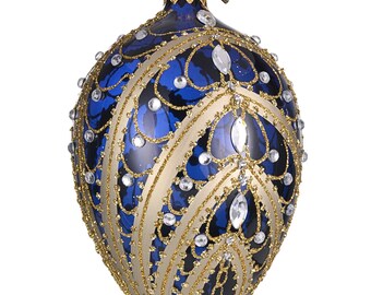 5" Deep Blue Glass Large Easter Egg Ornament, Faberge Style Egg, Hand Blown Glass, Unique Ornament, Easter Souvenir, Easter Gift, Home Decor