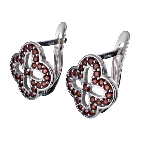 Garnet Earrings Silver, Red Gemstones Jewelry, Clover Earrings, Four Leaves Earrings, English Lock Earrings, January Birthstone, Gift