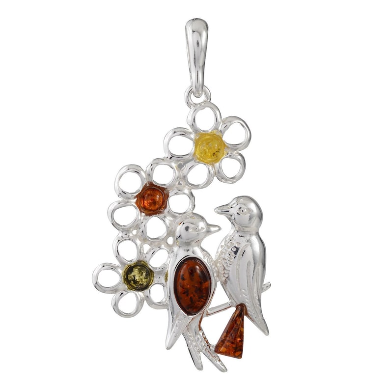 HolidayGiftShops Sterling Silver and Baltic Amber Two Birds Spirits Pendant