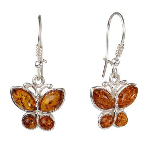 Butterfly Earrings | Silver Dangle Drop Earrings | Genuine Amber and 925 Silver Earrings | Womens Jewelry | Valentine's Day Gift For Her