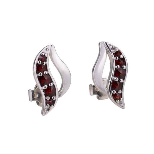Garnet Earrings | English Lock Earrings | Rhodium Plated 925 Silver Earrings | Delicate Garnet Earrings | January Gift | Woman's Jewelry