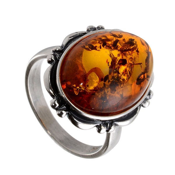 Amber Ring, Baltic Amber Jewelry, Natural Gemstone Ring, 925 Sterling Silver Ring, Victorian Ring, Medieval Ring, Halloween Jewelry, Gift