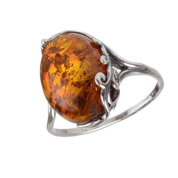 Honey Amber Ring, Baltic Amber Ring, GIA Certified, Sterling Silver, Gemstone Ring, Medieval Ring, Whimsigoth Ring, Victorian, Jewelry Gift