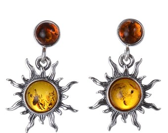 Natural Cognac Brown BALTIC AMBER Sun Earrings 925 STERLING SILVER #1229 Natural Cognac Brown BALTIC AMBER Sun Earrings 925 STERLING SILVER #1229