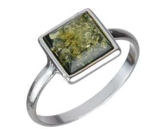 Green Amber Ring, Baltic Amber Ring, Sterling Silver, Square Ring, Gemstone Ring, Women Jewelry, Amber Ring Women, Mid Century Modern