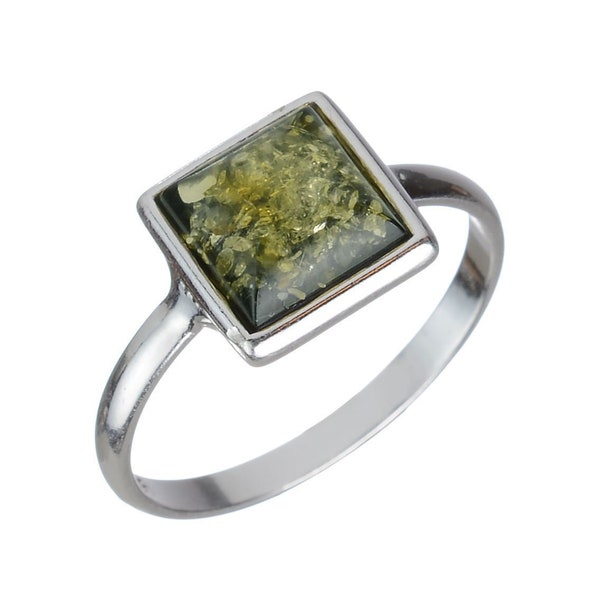 Green Amber Ring, Baltic Amber Ring, Sterling Silver, Square Ring, Gemstone Ring, Women Jewelry, Amber Ring Women, Mid Century Modern