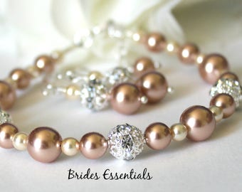 Bridesmaid Bracelets Earrings Set, Wedding Jewelry Set, Choice of Color, Bridal Party Gift, Champagne Pearl, Gold Bracelet, Bridal Bracelet