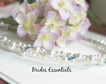 Bridal Headband, Pearl Rhinestone, Something Blue, Wrapped Metal Headband, Wedding Headband, Bridal Pearl Headpiece, Bridal Tiara Headband