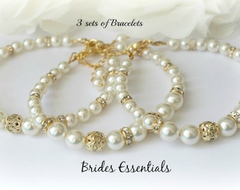 3 Set of Bridesmaid Jewelery Set, Bridal Party, Bridesmaid Gift, Ivory White Pearl, Bridesmaid Bracelet, Mother Gift, Maid of Honor Jewelry