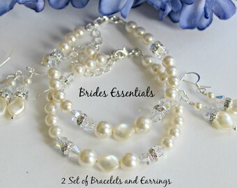 2 ensembles de bracelets de demoiselle d’honneur et boucles d’oreilles, ensemble de bijoux en cristal, bijoux de mariage, bracelet de mariée, Ivoire Swarovski, Mère de la mariée