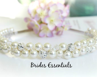 Bridal Headband, Rhinestone Headband, Wrapped Metal Headband, Wedding Headband, Bridal Pearl Headpiece, Ivory Pearl, Bridal Tiara Headband