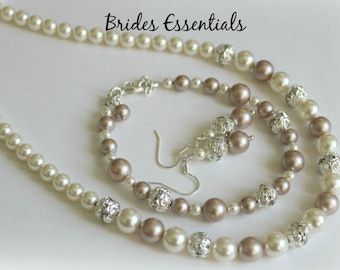 Bridal Necklace Bracelets Earrings Set, Wedding Jewelry Set, Swarovski Pearl, Silver Ivory Champagne Pearl, Bridesmaid Necklace Gift Set