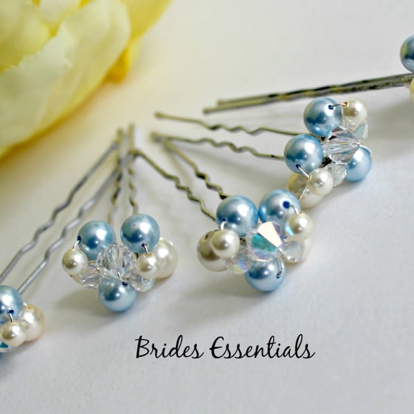 Something Blue Pins, Wedding Hair Pins, Bridal Hair Piece, Bridesmaid Hair Clip, Pearl Cluster Pin, Swarovski Blue Ivory Pearls Crystals Pin