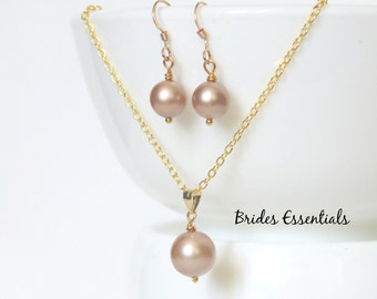 Bridesmaid Necklace and Earring Set, 14K Gold Fill Necklace, One Pearl, Simple Gift, Junior Bridesmaid Gift, Bridal Party, Choice of Color